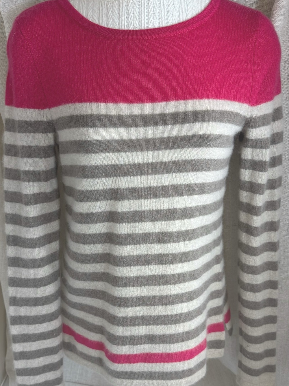 🩷 Antonio Melani 100% Cashmere Hot Pink, Gray & Ivory Stripe Sweater • X